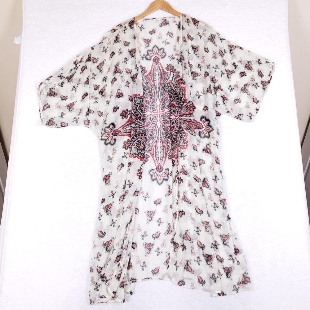 Dizzy Gal Boho Kimono Cardigan 3X Paisley Print Cream Sheer Open Front